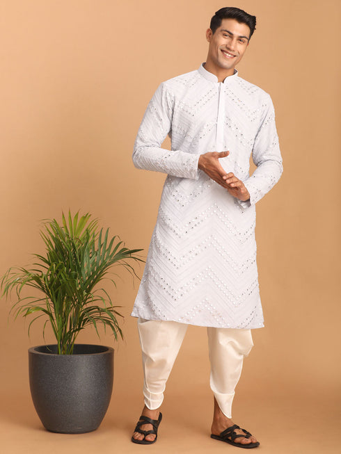 Vastramay Men's Aqua Blue Mirror Kurta Dhoti Set